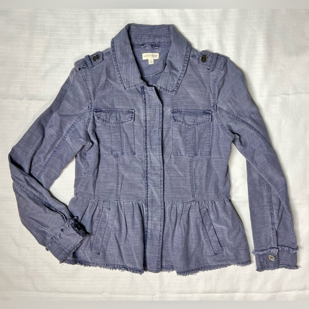 Maison Jules Utility Jacket in Slate Blue gray peplum waist L Large 100 cotton
